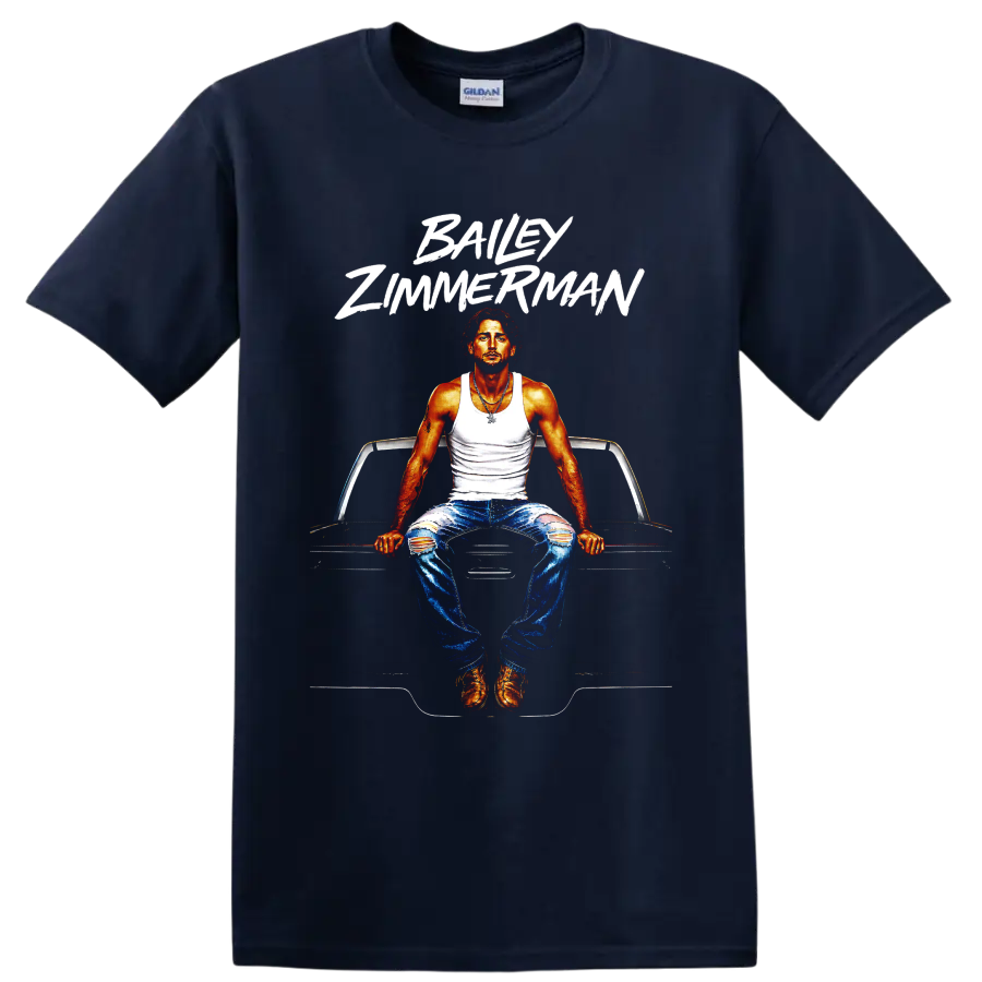Bailey Zimmerman portrait seated on a classic car with bold white brush lettering on a Navy (Blue) T Shirt