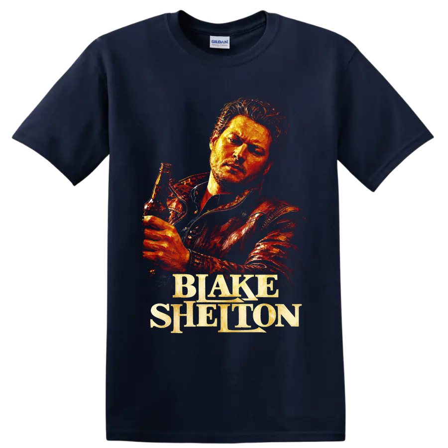 Blake Shelton holding a beer bottle in fiery textured country portrait art on a Navy (Blue) T Shirt