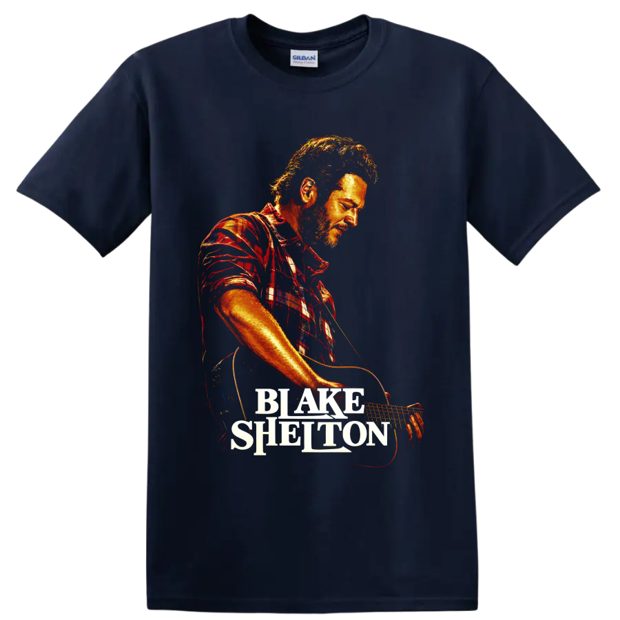 Blake Shelton guitar performance portrait in fiery concert-poster style with name on a Navy (Blue) T Shirt
