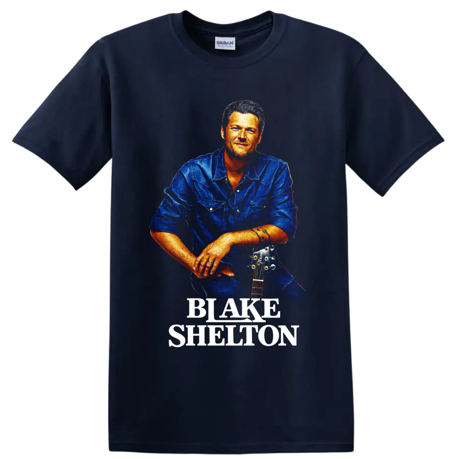 Blake Shelton painterly country singer portrait with acoustic guitar and name lettering on a Navy (Blue) T Shirt