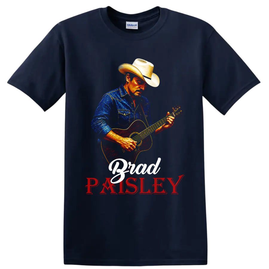 Brad Paisley cowboy-hatted guitarist in vivid western art with acoustic guitar lettering on a Navy (Blue) T Shirt