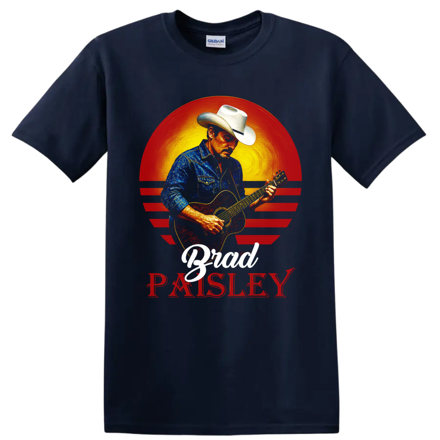 Brad Paisley playing acoustic guitar in cowboy hat before a retro western sunset on a Navy (Blue) T Shirt
