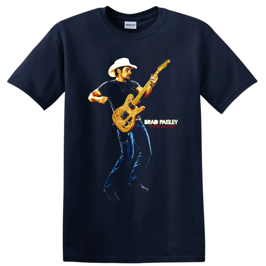 Brad Paisley cowboy-hatted guitarist with ornate golden electric guitar artwork on a Navy (Blue) T Shirt