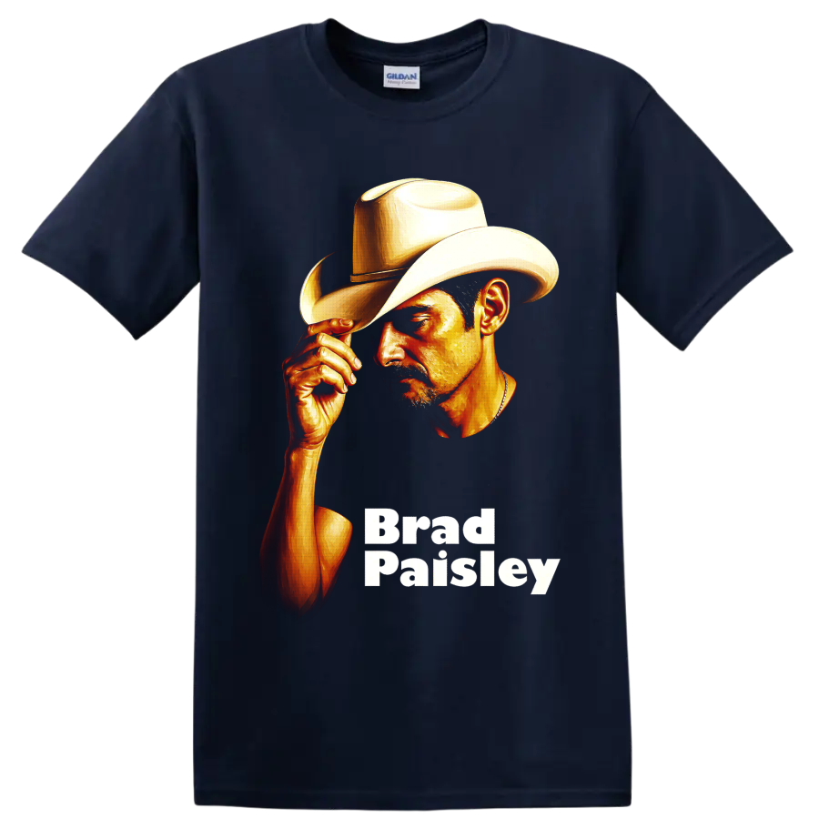 Brad Paisley painted cowboy hat portrait with warm gold highlights and name text on a Navy (Blue) T Shirt