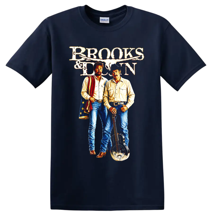 Brooks & Dunn vintage western duo art with cowboy hat, resonator guitar, and distressed on a Navy (Blue) T Shirt