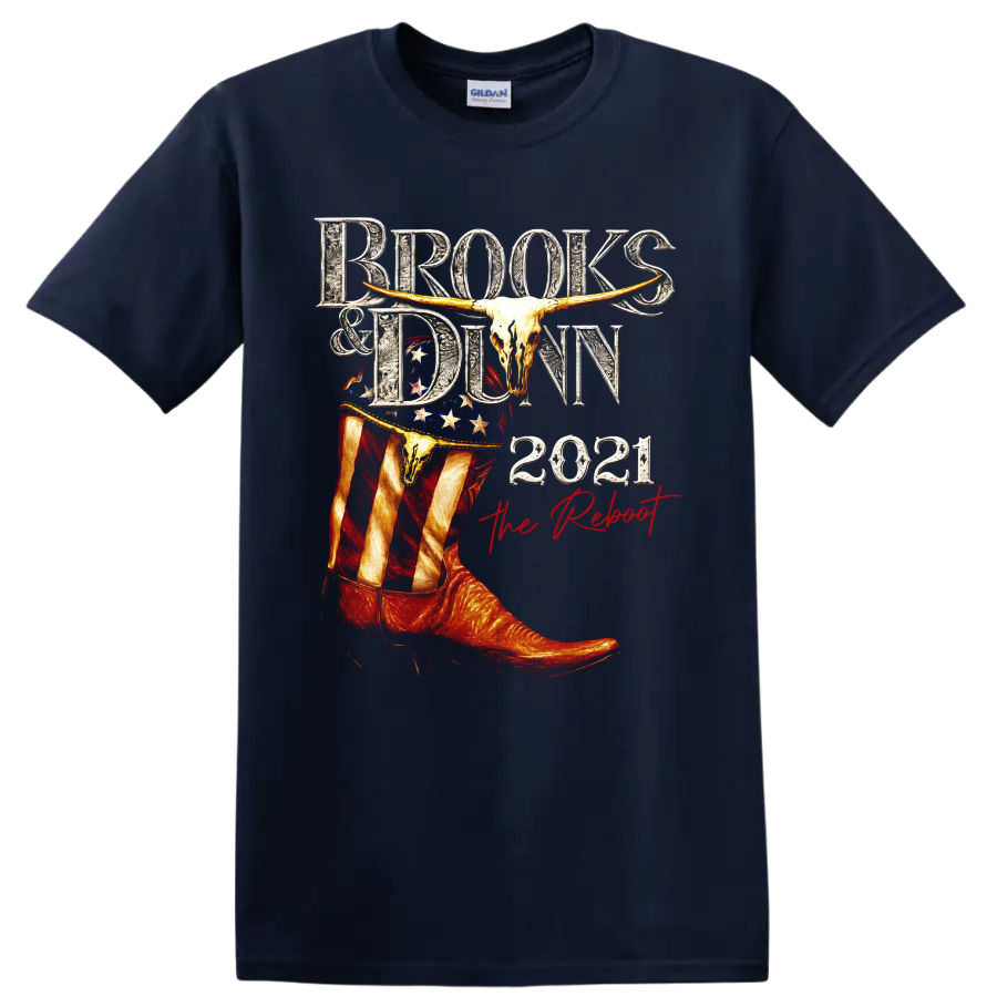 Brooks & Dunn The Reboot 2021 western cowboy boot, longhorn skull, and stars graphic on a Navy (Blue) T Shirt