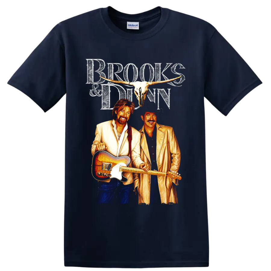 Brooks & Dunn western concert art with longhorn skull, guitar, and ornate lettering on a Navy (Blue) T Shirt