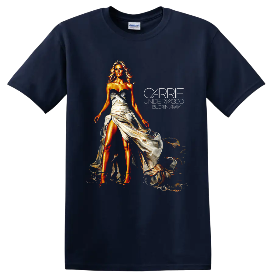 Carrie Underwood in a flowing ivory gown with glowing golden concert portrait art on a Navy (Blue) T Shirt