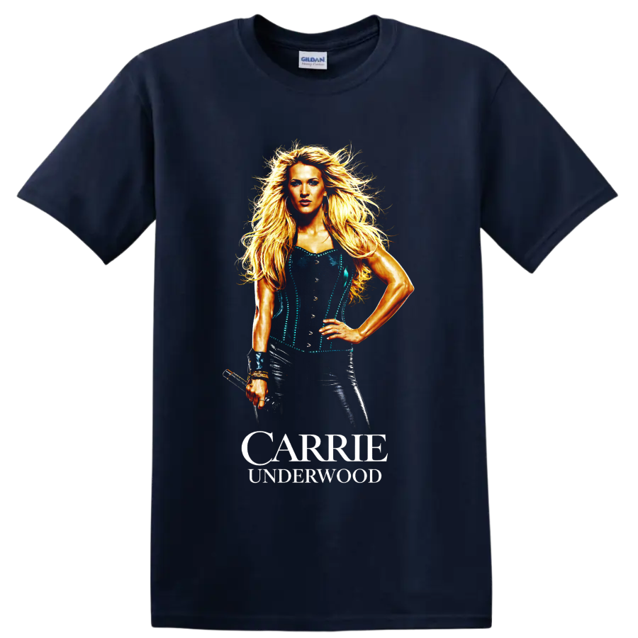 Carrie Underwood portrait illustration with flowing blonde hair and bold name lettering on a Navy (Blue) T Shirt