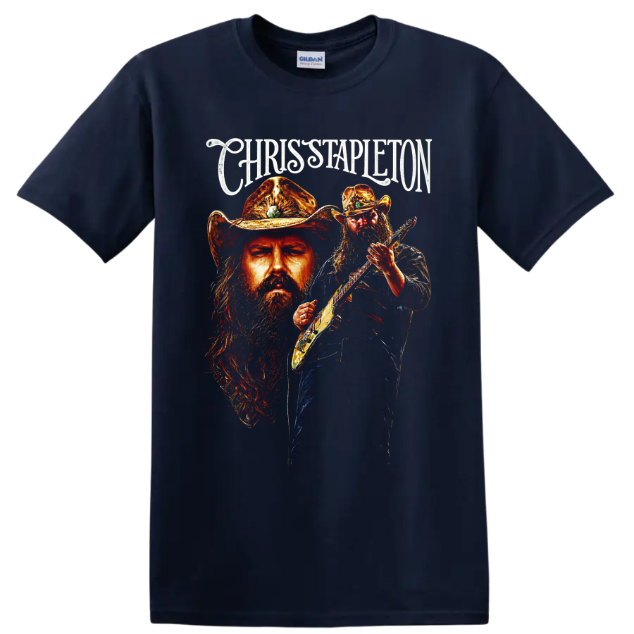 Chris Stapleton painted guitarist portrait in a western hat with ornate name lettering on a Navy (Blue) T Shirt