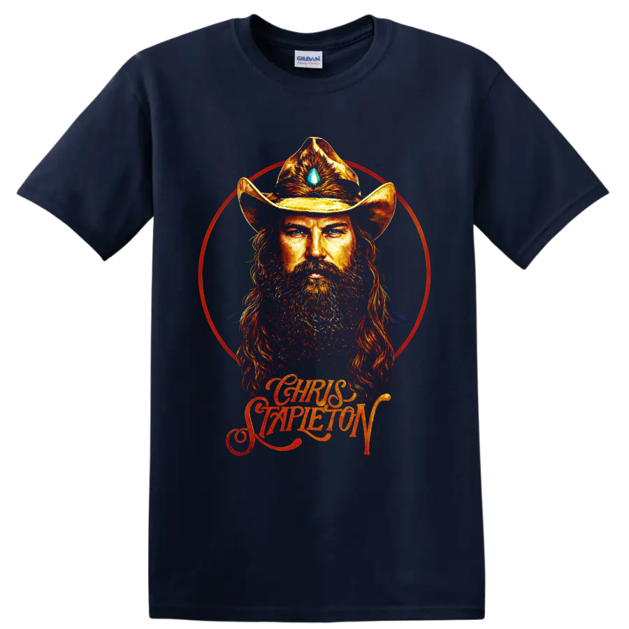 Chris Stapleton fiery cowboy hat portrait with red halo and script lettering on a Navy (Blue) T Shirt