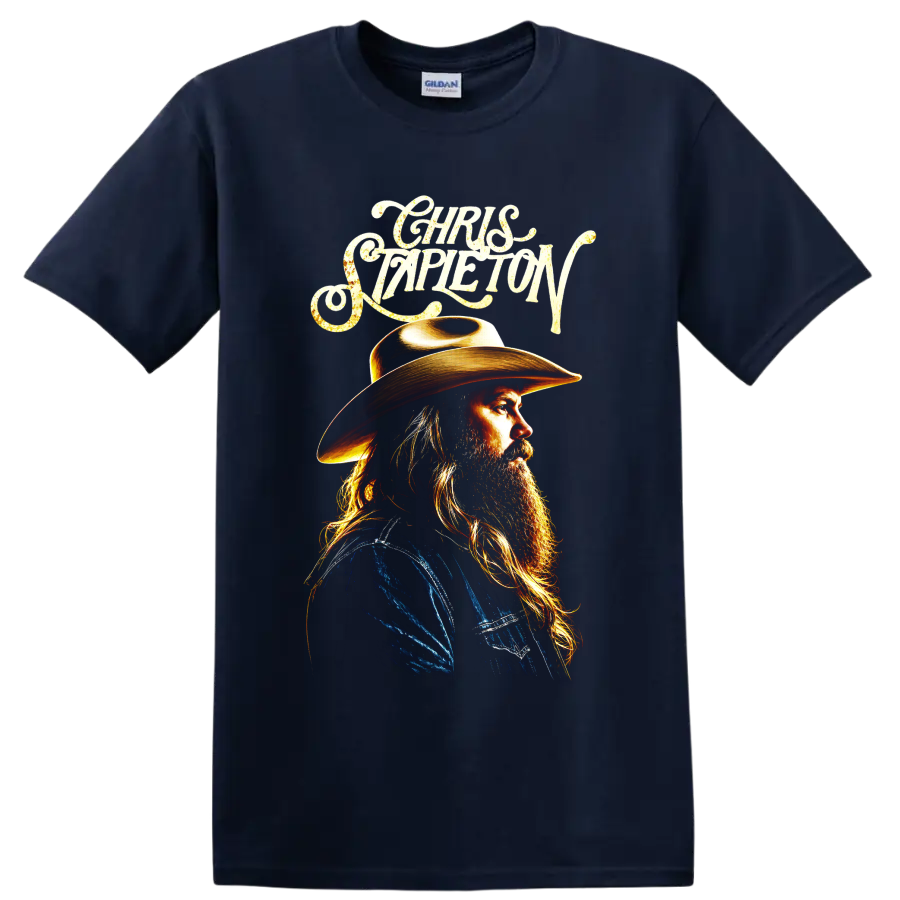 Chris Stapleton cowboy hat portrait with ornate script and golden country music artwork on a Navy (Blue) T Shirt
