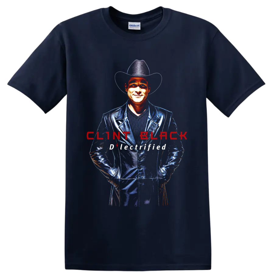 Clint Black cowboy hat portrait with red lettering and Electrified text on a Navy (Blue) T Shirt
