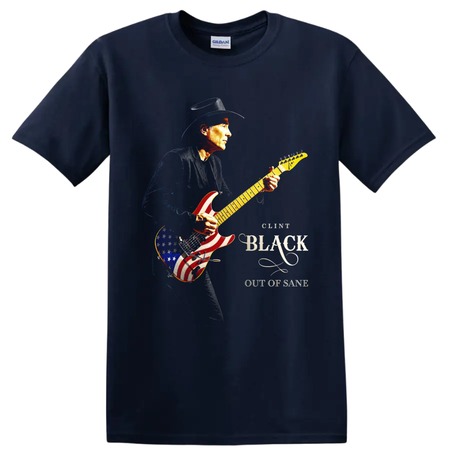 Clint Black cowboy-hatted guitarist with patriotic American flag electric guitar artwork on a Navy (Blue) T Shirt
