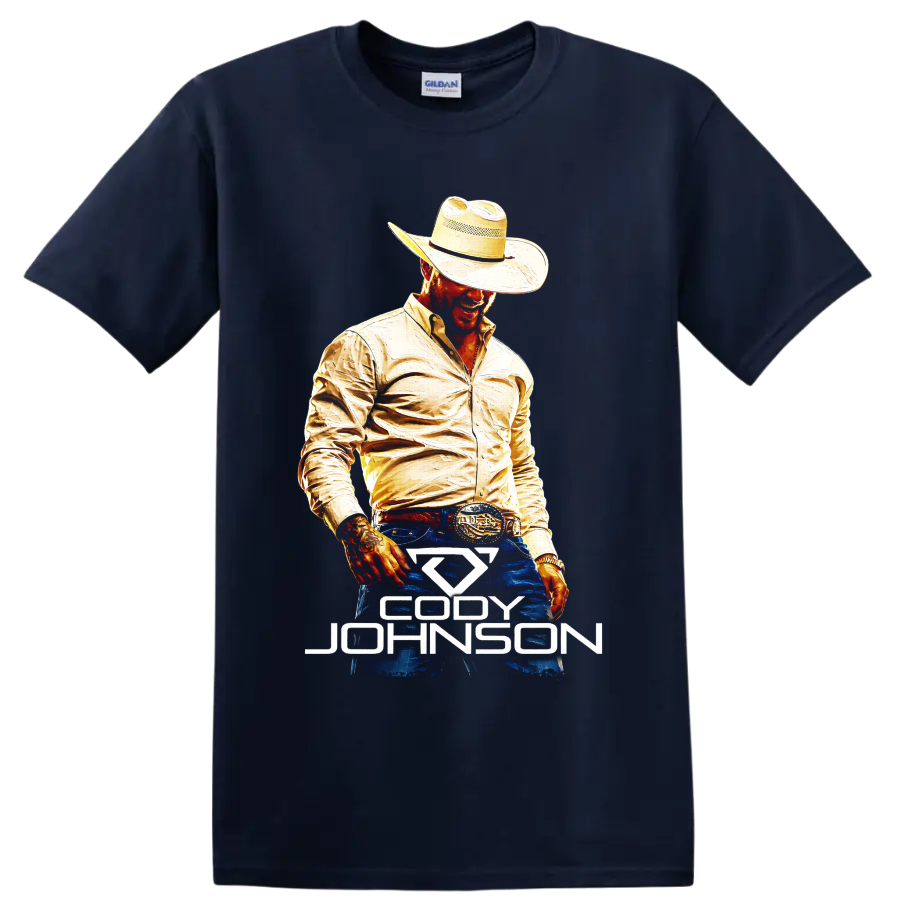 Cody Johnson painted country singer portrait in cowboy hat with Western name graphic on a Navy (Blue) T Shirt