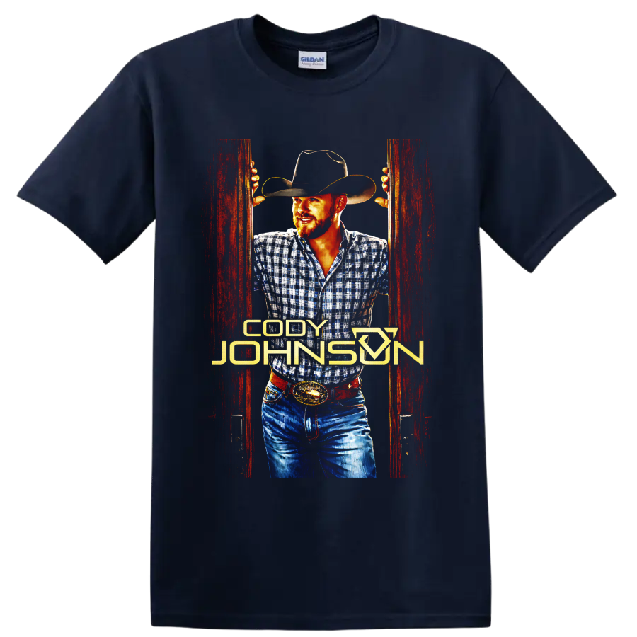 Cody Johnson cowboy portrait with black hat, plaid shirt, rustic red doors, and gold on a Navy (Blue) T Shirt
