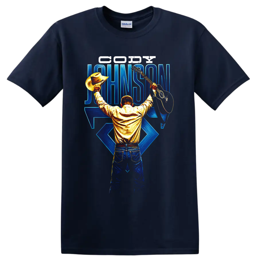Cody Johnson cowboy performer holding hat and guitar with blue concert lettering on a Navy (Blue) T Shirt
