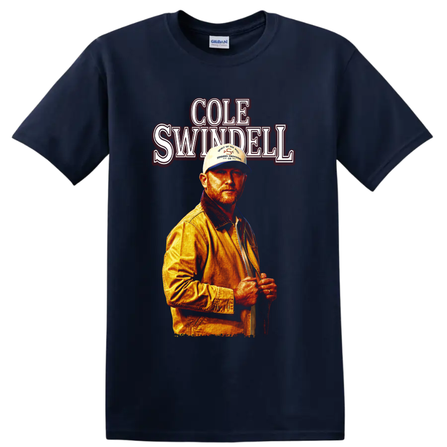 Cole Swindell portrait with vintage red name lettering and warm concert poster styling on a Navy (Blue) T Shirt