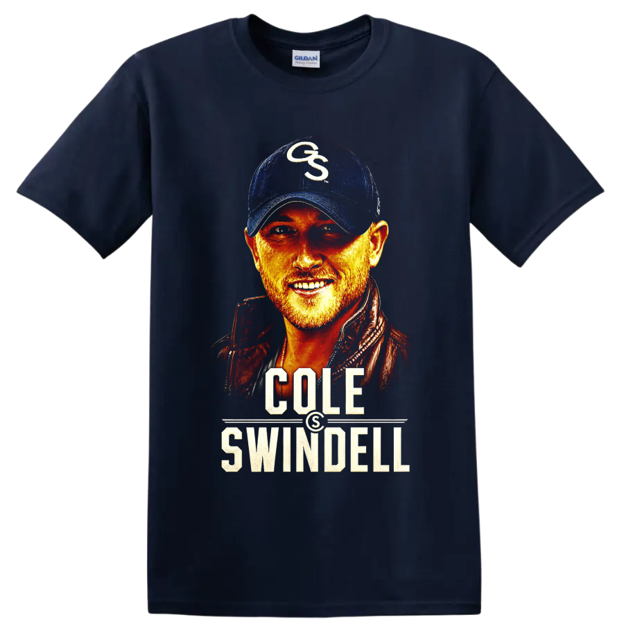 Cole Swindell country singer portrait with fiery colors and bold name lettering on a Navy (Blue) T Shirt