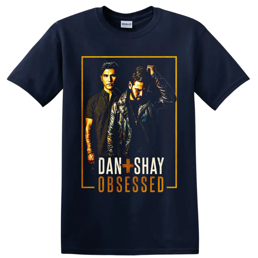Dan + Shay duo portraits in distressed gold concert-poster art with Obsesssed text on a Navy (Blue) T Shirt