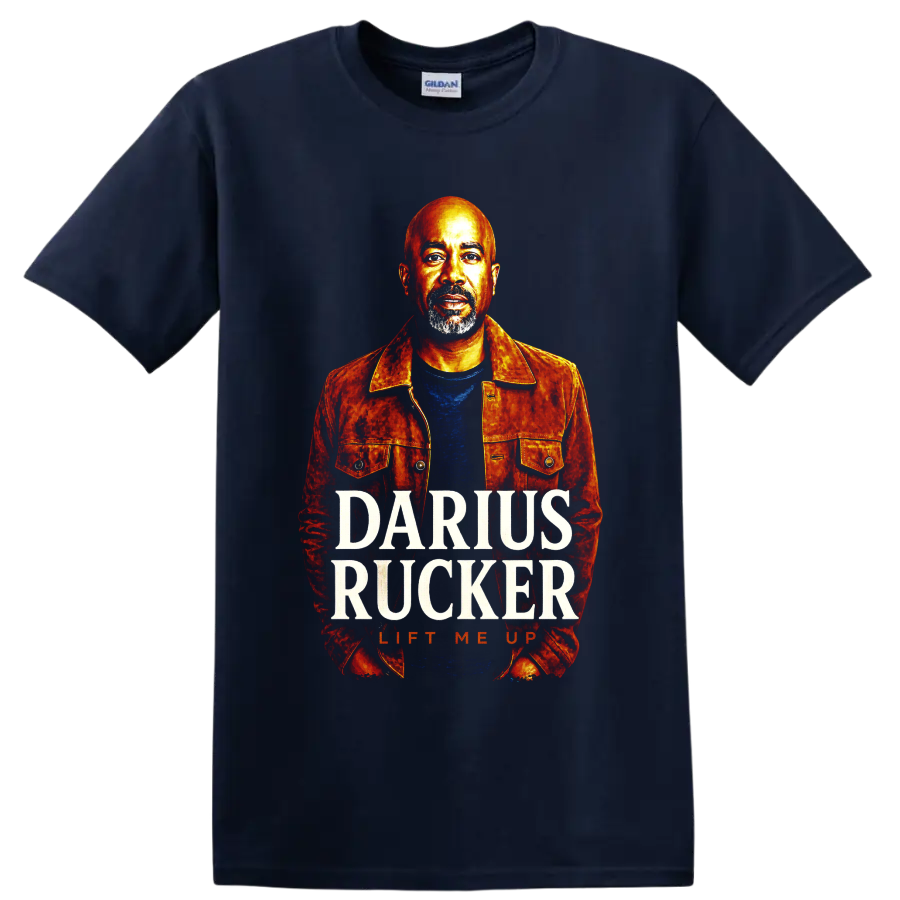 Darius Rucker painted portrait with DARIUS RUCKER and LIFT ME UP text on a Navy (Blue) T Shirt