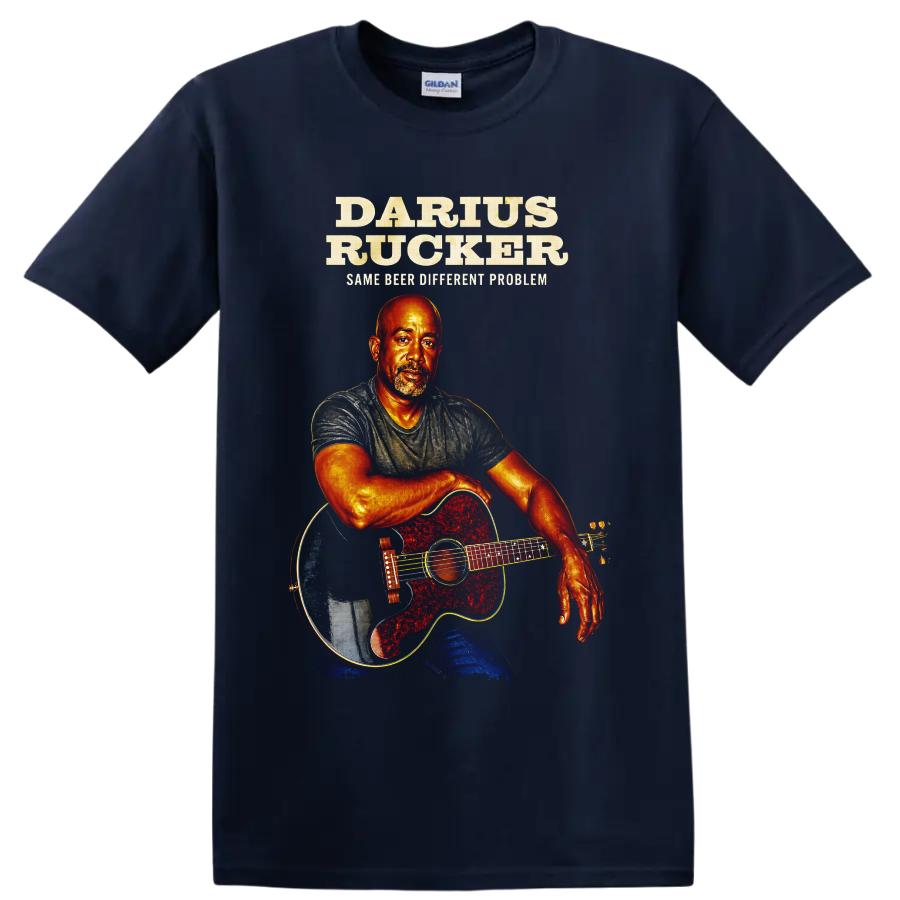 Darius Rucker illustrated guitar portrait with Same Beer Different Problem text on a Navy (Blue) T Shirt