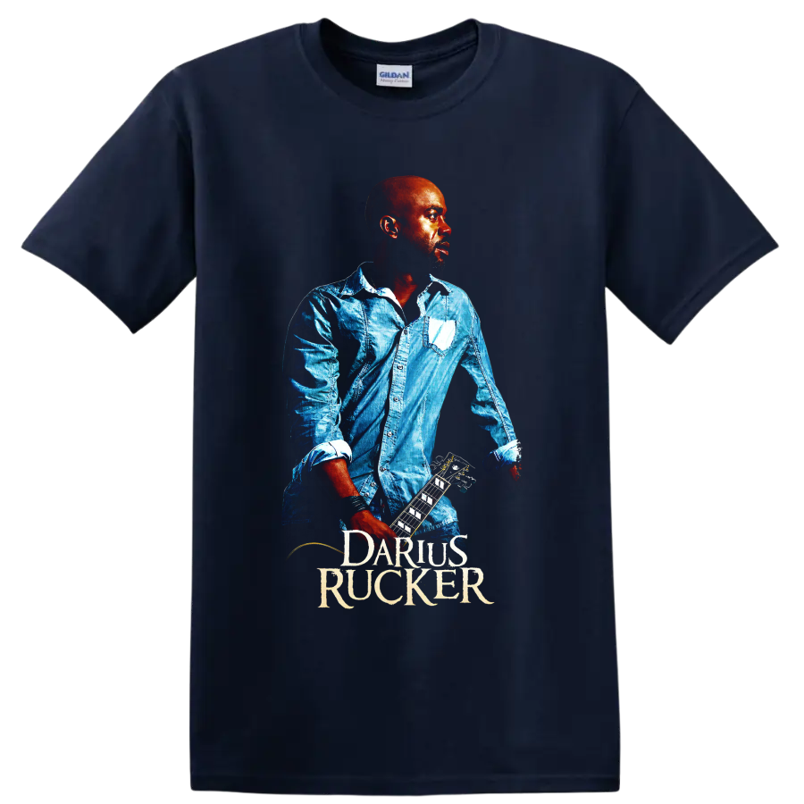 Darius Rucker guitar portrait in vivid blue and red concert-poster style on a Navy (Blue) T Shirt