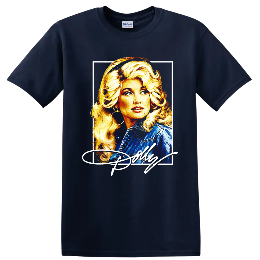 Dolly Parton retro painted portrait with blonde curls and blue western jacket on a Navy (Blue) T Shirt