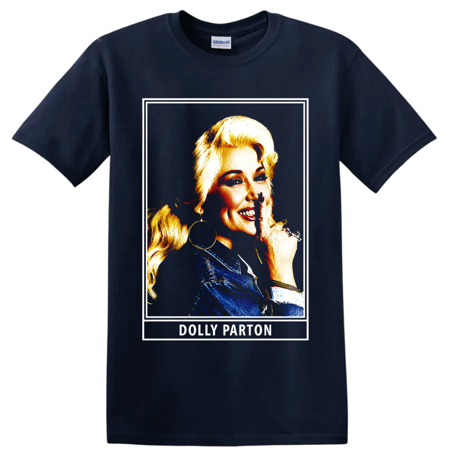 Dolly Parton portrait in blue outfit with gold highlights and framed retro artwork on a Navy (Blue) T Shirt