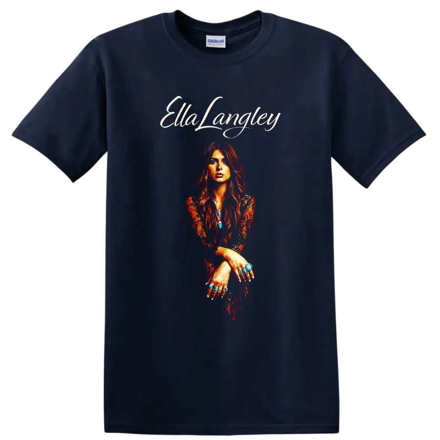 Ella Langley portrait in fiery western style with white script and turquoise jewelry on a Navy (Blue) T Shirt