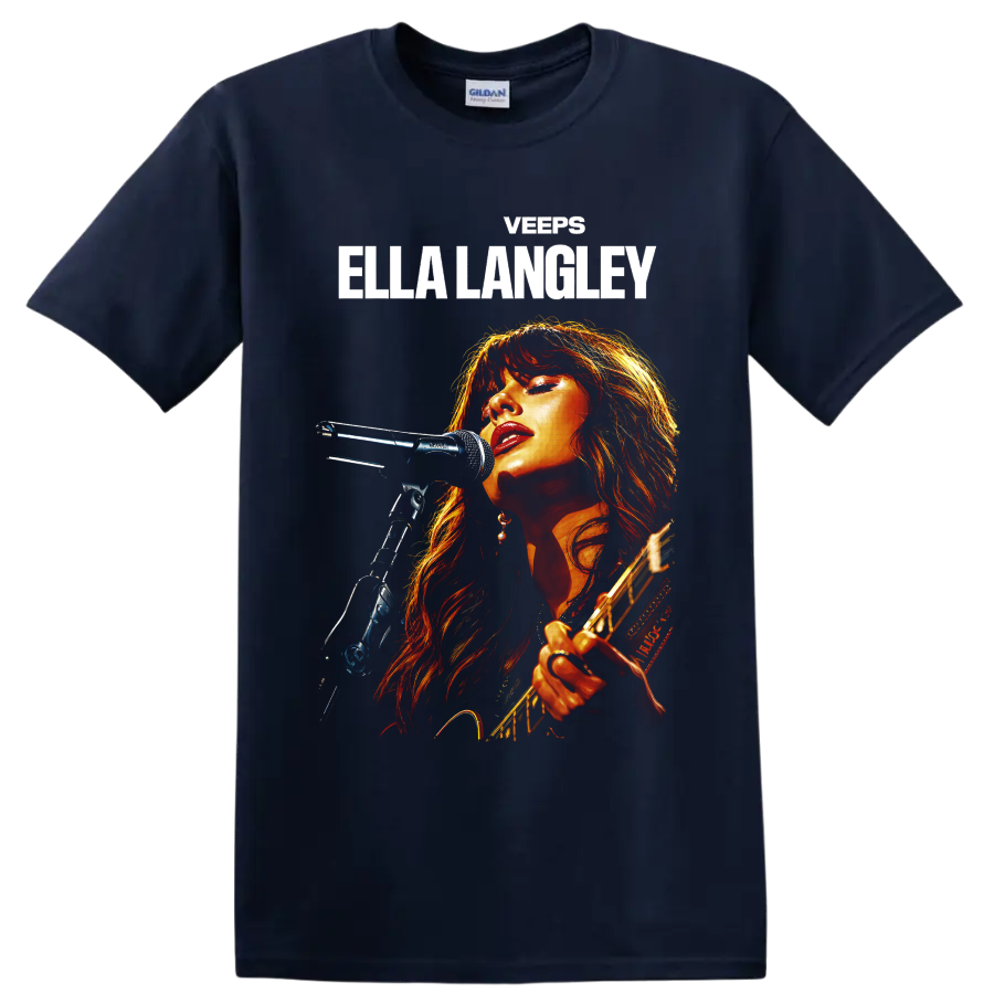 Ella Langley live country singer portrait with microphone, guitar, and bold name text on a Navy (Blue) T Shirt