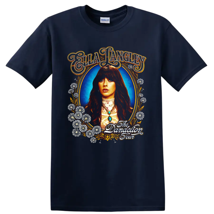 Ella Langley portrait with floral Western frame and The Damnation Tour lettering on a Navy (Blue) T Shirt