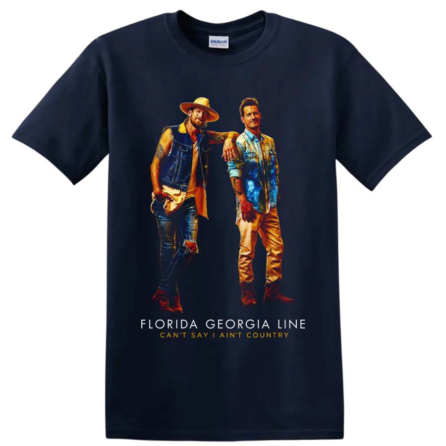 Florida Georgia Line painted duo portrait with Can’t Say I Ain’t Country text on a Navy (Blue) T Shirt