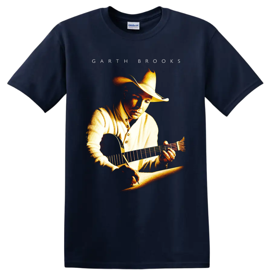 Garth Brooks cowboy hat and acoustic guitar portrait in warm Western illustration on a Navy (Blue) T Shirt