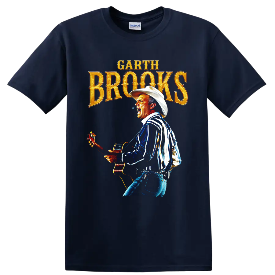 Garth Brooks singer with acoustic guitar, cowboy hat, and gold concert lettering on a Navy (Blue) T Shirt