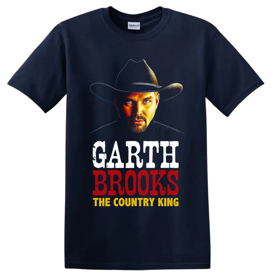 Garth Brooks cowboy hat portrait with distressed The Country King lettering on a Navy (Blue) T Shirt