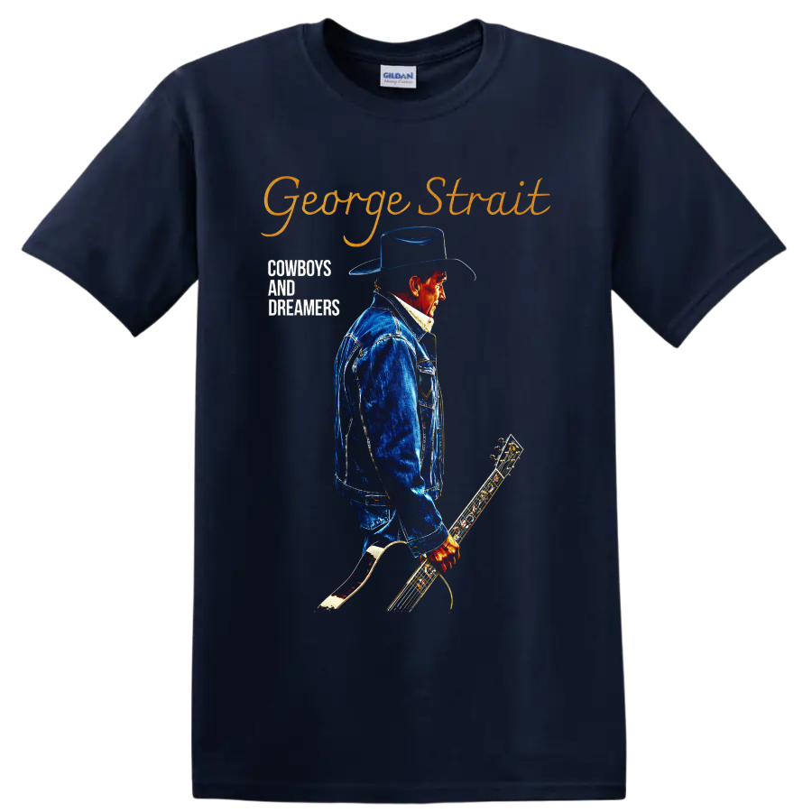 George Strait cowboy portrait with guitar and Cowboys and Dreamers western lettering on a Navy (Blue) T Shirt