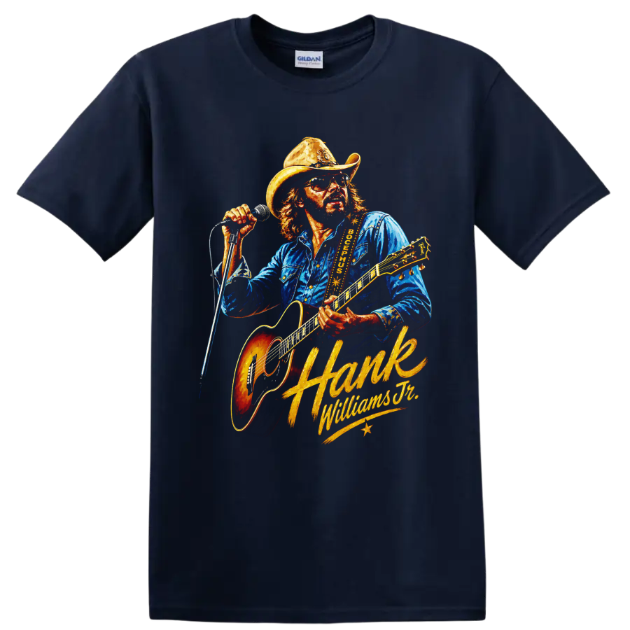 Hank Williams Jr. country guitar performance illustration with cowboy hat and microphone on a Navy (Blue) T Shirt