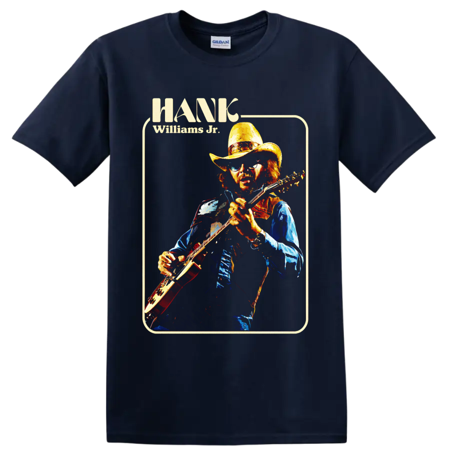 Hank Williams Jr retro portrait playing electric guitar in cowboy hat and sunglasses on a Navy (Blue) T Shirt