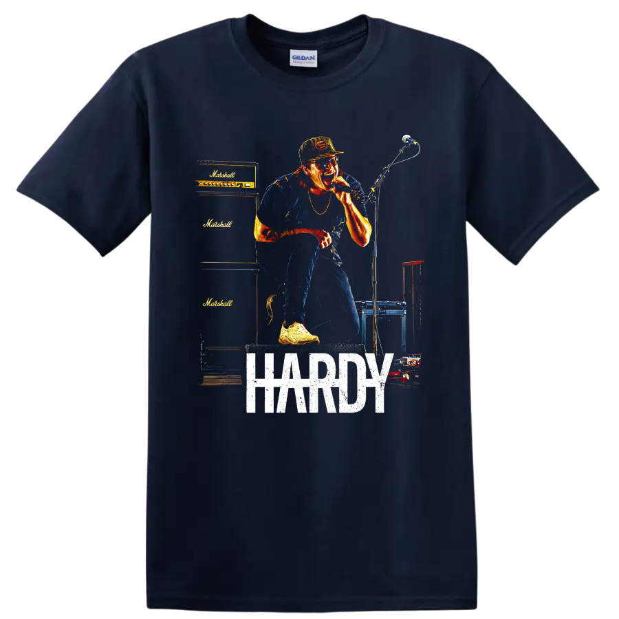 HARDY live concert singer graphic with microphone, amplifiers, and distressed lettering on a Navy (Blue) T Shirt