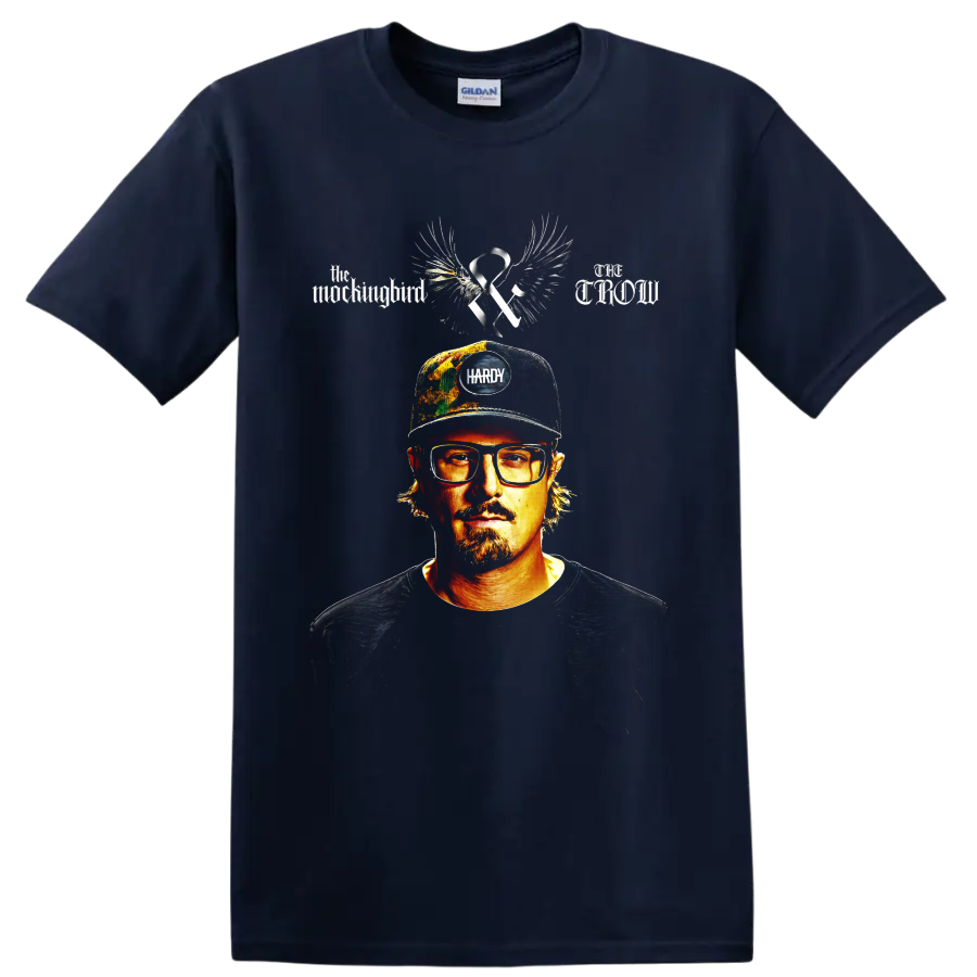 HARDY portrait with wings, ribbon, cap, and distressed country music artwork on a Navy (Blue) T Shirt