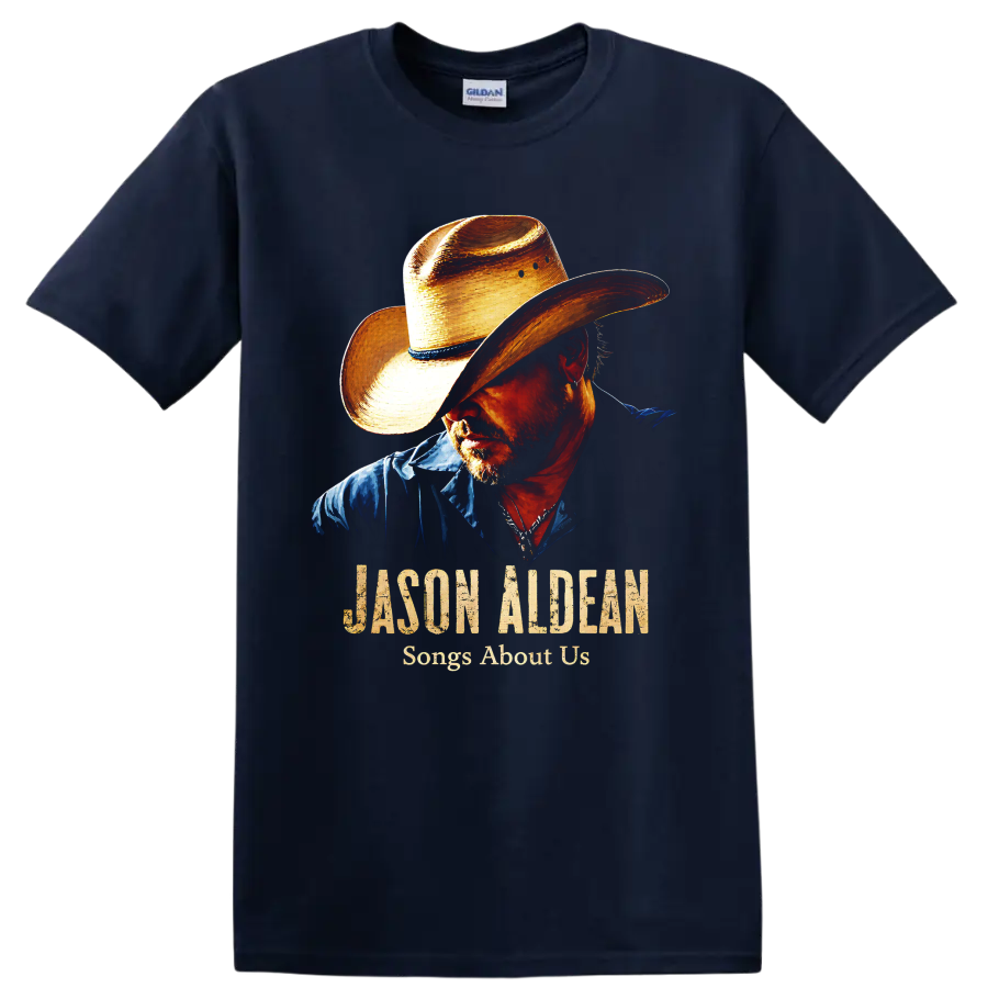 Jason Aldean cowboy hat portrait with Songs About Us distressed country music text on a Navy (Blue) T Shirt