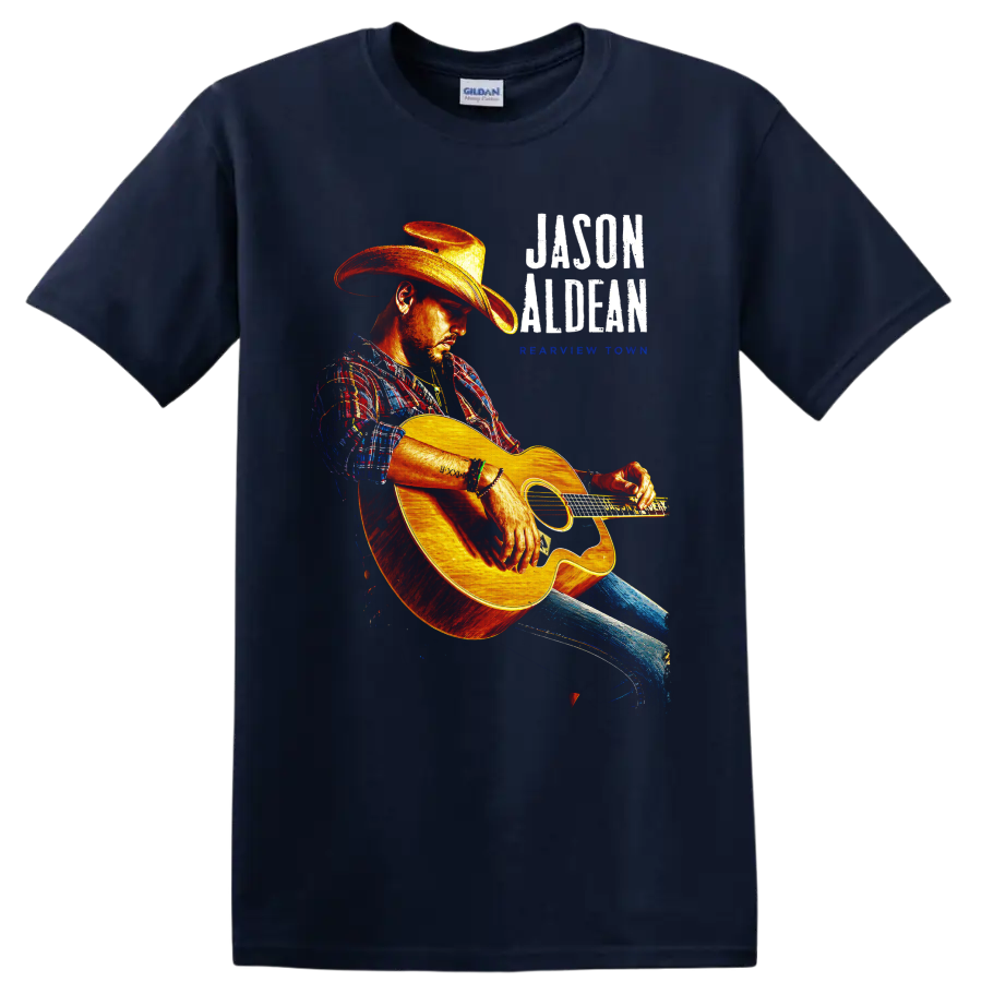 Jason Aldean Hicktown distressed concert graphic with cowboy-hatted acoustic guitarist on a Navy (Blue) T Shirt
