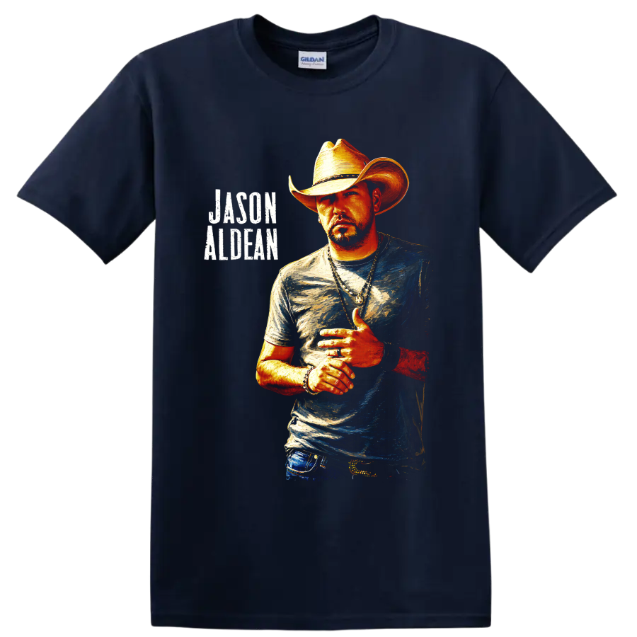 Jason Aldean cowboy hat portrait in vivid painted style with distressed name lettering on a Navy (Blue) T Shirt