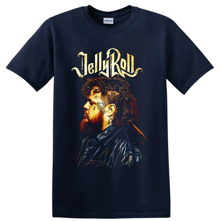 Jelly Roll side-profile portrait with tattoo details and fiery painted lettering on a Navy (Blue) T Shirt