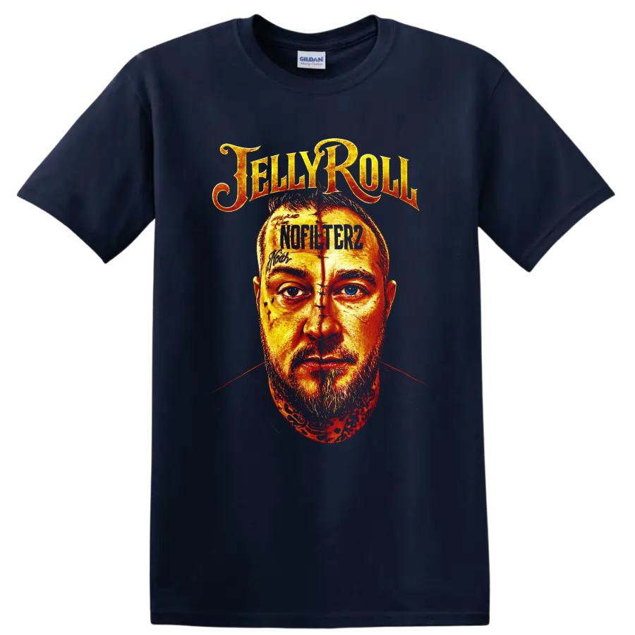 Fiery illustrated Jelly Roll portrait with distressed lettering and Not Like Us text on a Navy (Blue) T Shirt