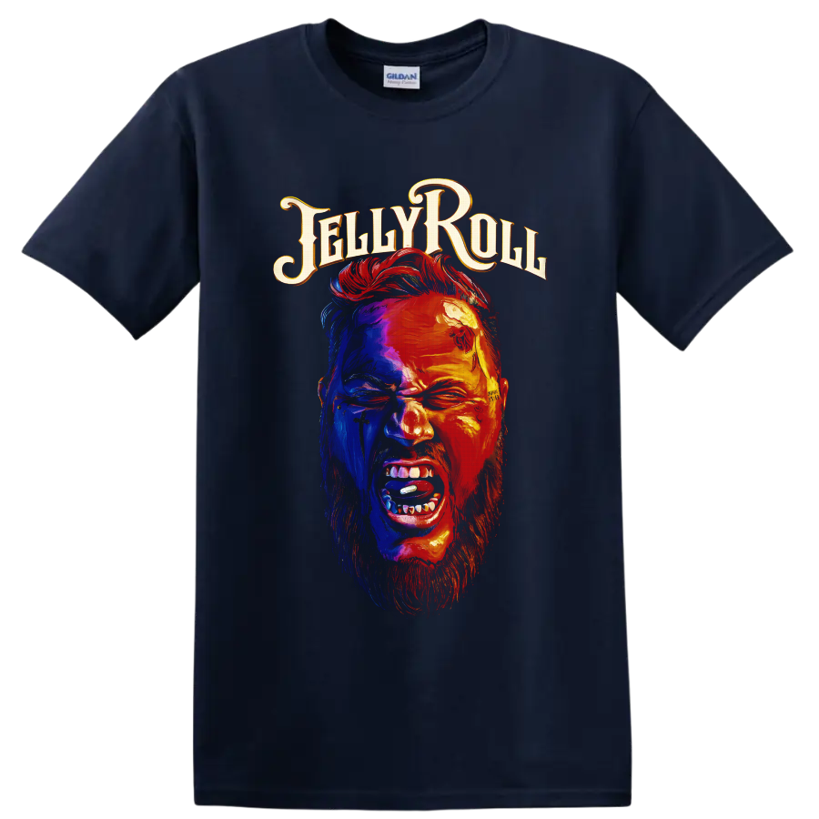 Jelly Roll tattooed portrait in vivid blue and fiery red with ornate Jelly Roll lettering on a Navy (Blue) T Shirt