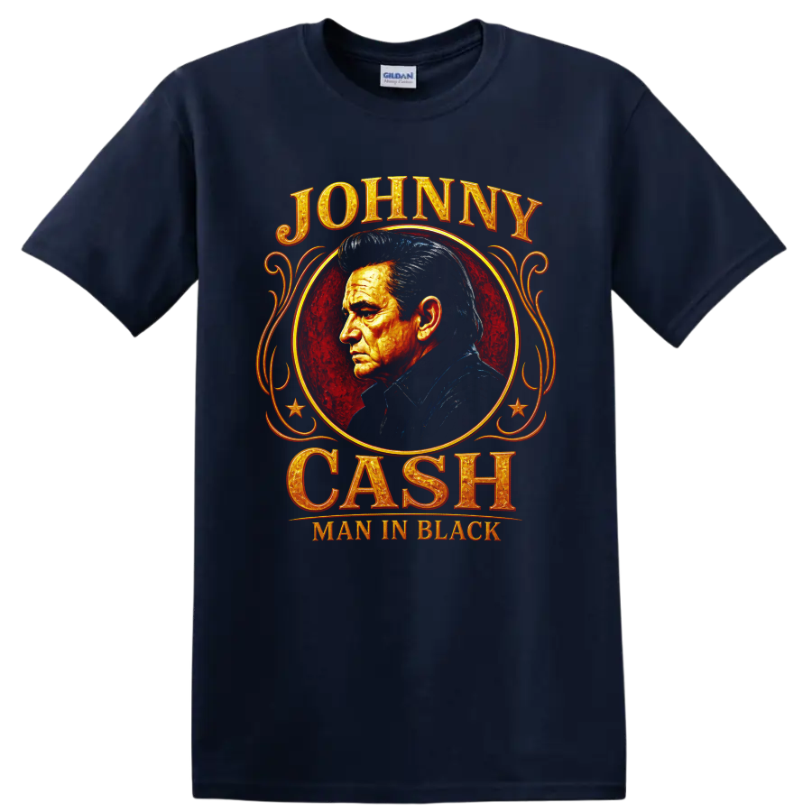 Johnny Cash Man in Black portrait with red medallion and ornate western lettering on a Navy (Blue) T Shirt