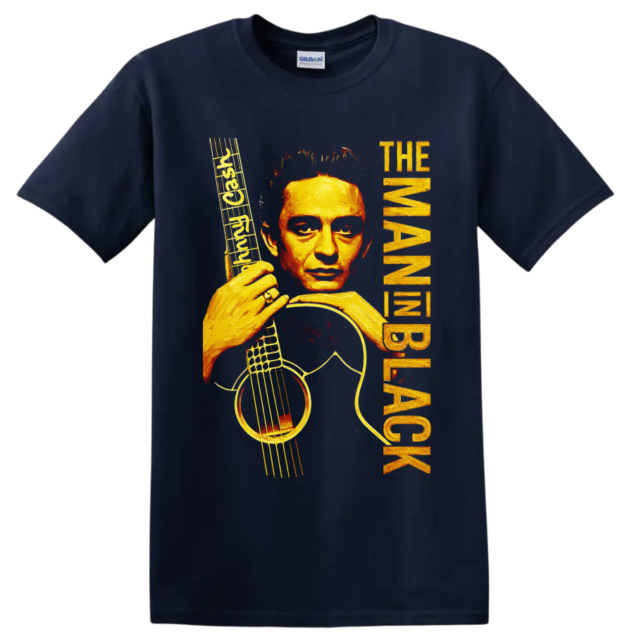 Johnny Cash painted guitar portrait with musical notes and distressed vertical lettering on a Navy (Blue) T Shirt