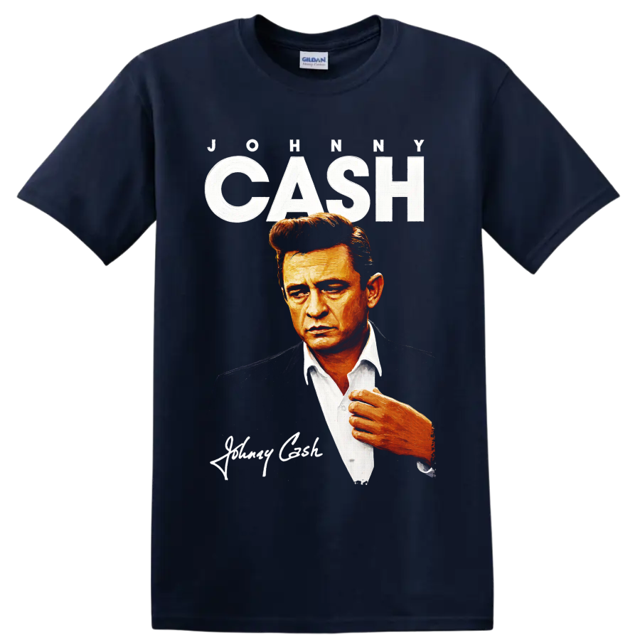 Johnny Cash painted portrait with distressed JOHNNY CASH lettering and signature-style on a Navy (Blue) T Shirt